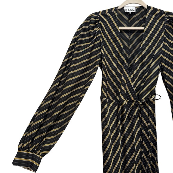 GANNI Striped Long Sleeve Wrap Maxi Dress Size EU 36/S/US 4 Black Gold - Picture 9 of 16